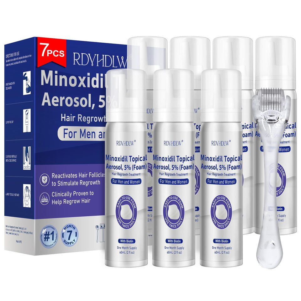 RDVHDLW front packaging showing seven 5% minoxidil foam bottles and benefits