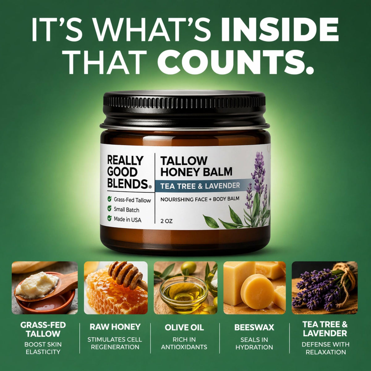 Really Good Blends balm rubbed into hand showing fast absorption and hydrated skin