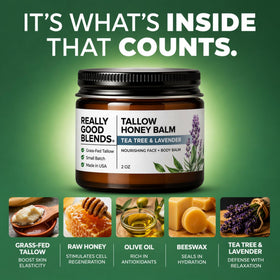 Really Good Blends balm rubbed into hand showing fast absorption and hydrated skin