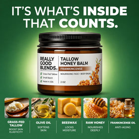 Really Good Blends balm applied on hand demonstrates quick absorption and nourishment