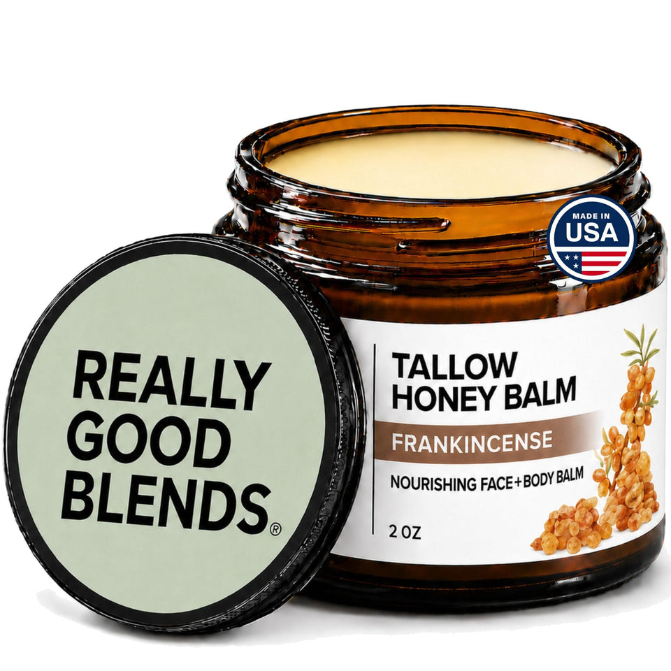 Really Good Blends front jar Frankincense balm shows compact travel-ready moisturizer