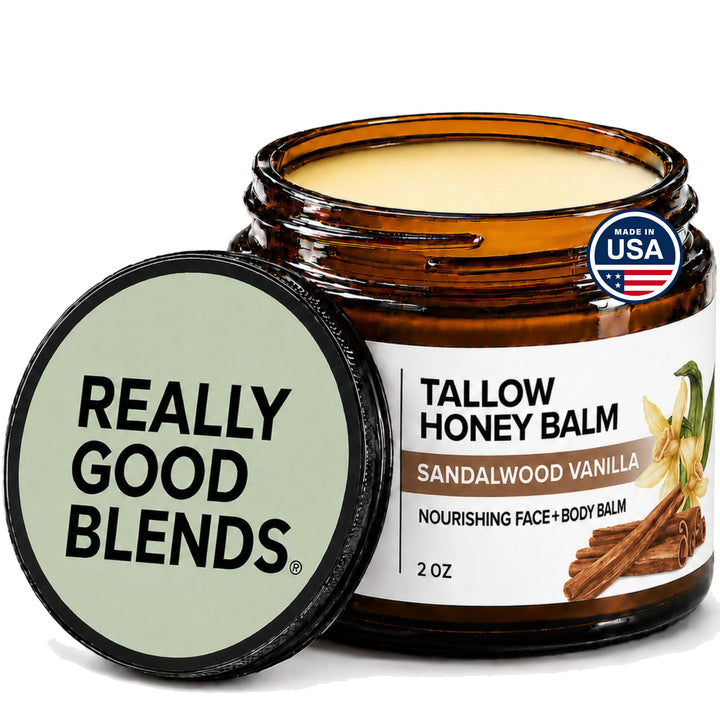 Really Good Blends front jar showing sandalwood vanilla scent and clean packaging benefits
