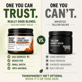 Really Good Blends label close-up displays ingredient transparency and small-batch care