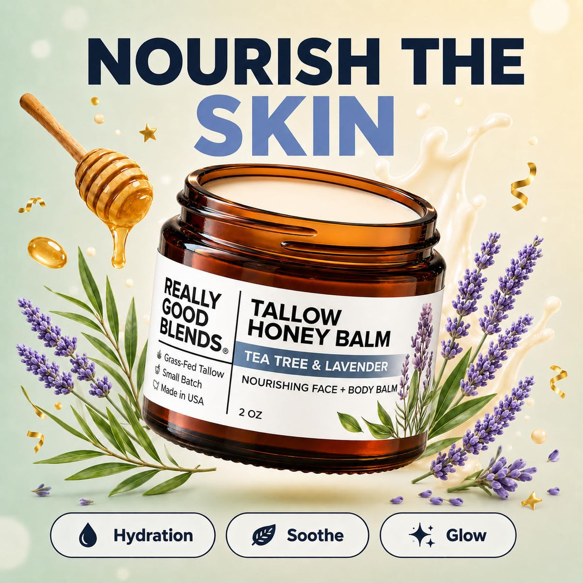 Really Good Blends spoon with balm demonstrating scoopable, melt-on-skin consistency