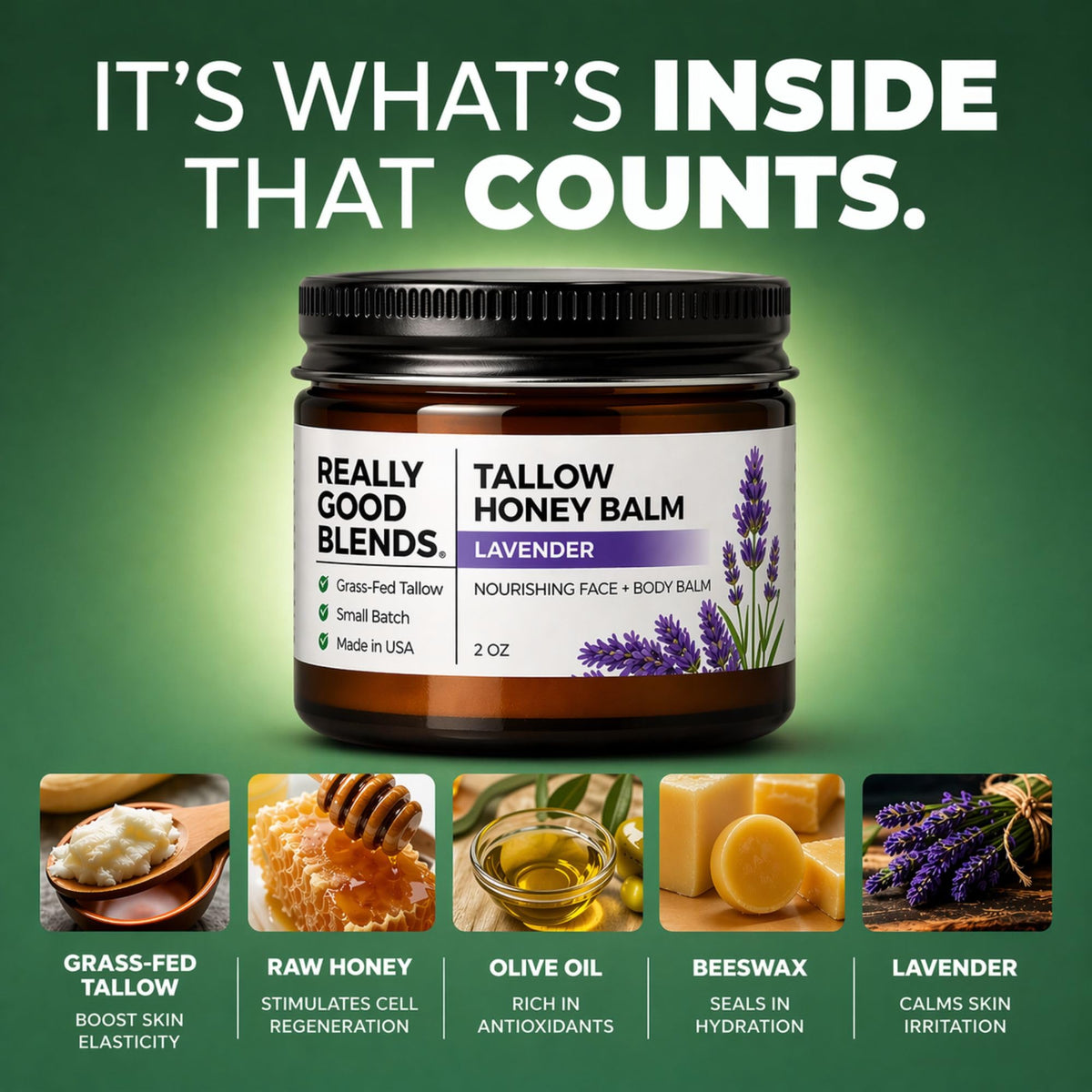 Really Good Blends application on hand demonstrating easy absorption and moisturized skin