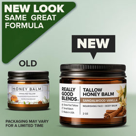 Really Good Blends ingredients in wooden bowl highlighting grass-fed tallow and raw honey benefits