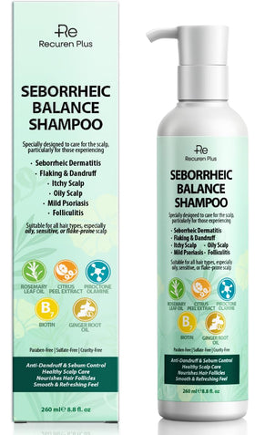 Recuren Plus front packaging showing bottle and benefit for dandruff control