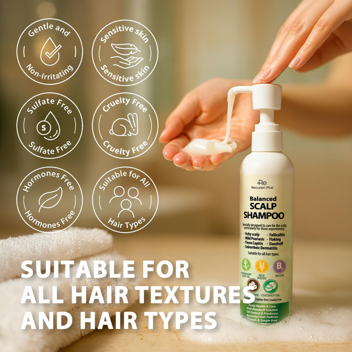 Recuren Plus ingredient closeup highlighting piroctone olamine and reassurance