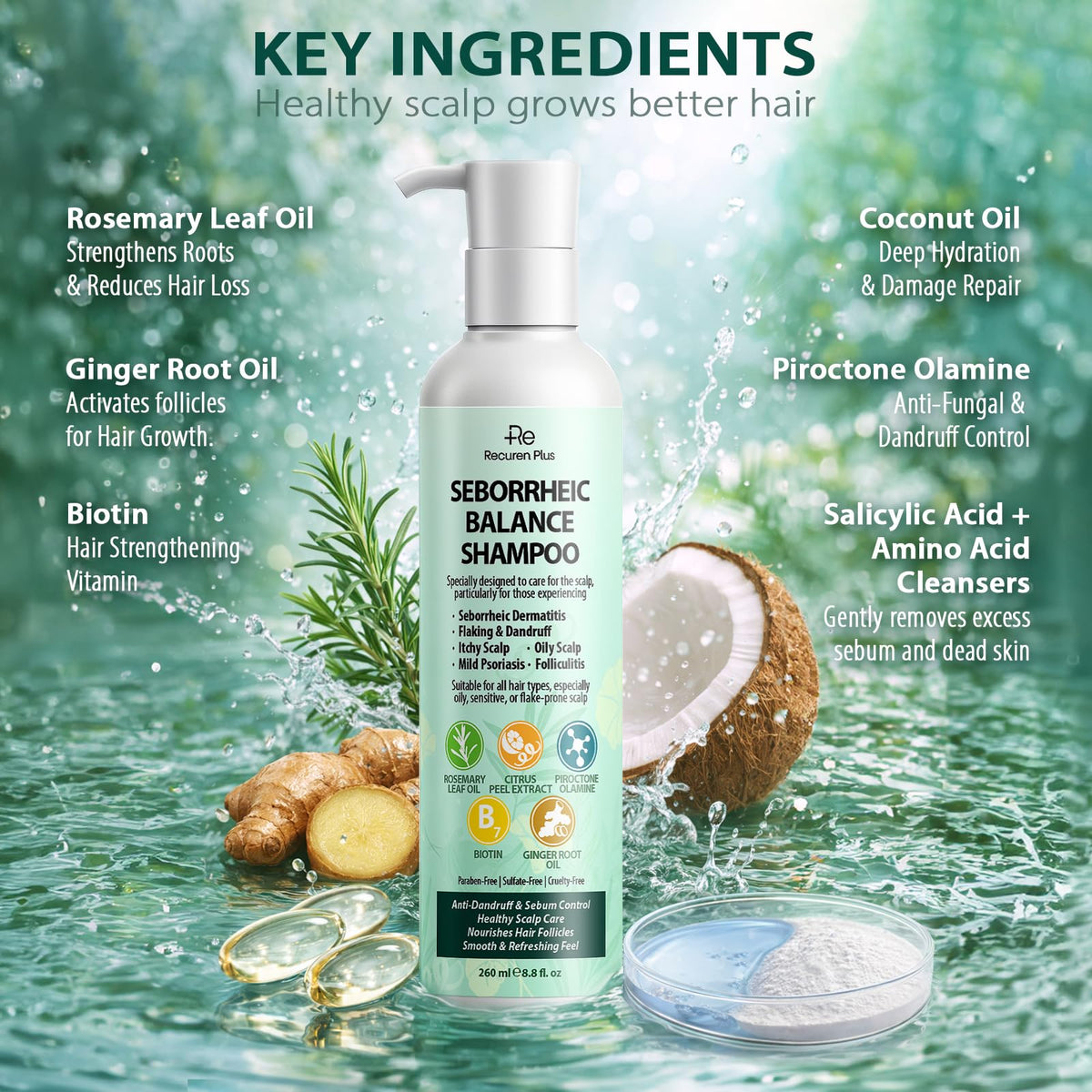 Recuren Plus in-shower use showing scalp massage and clearer scalp result