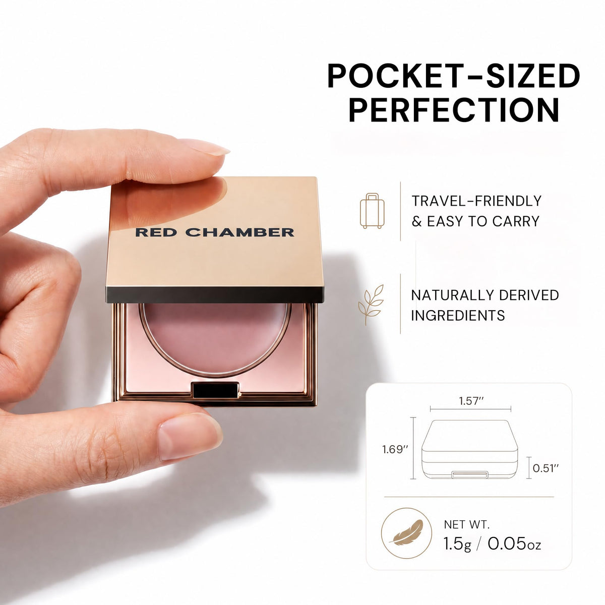 RED CHAMBER compact held in hand to show size and portability