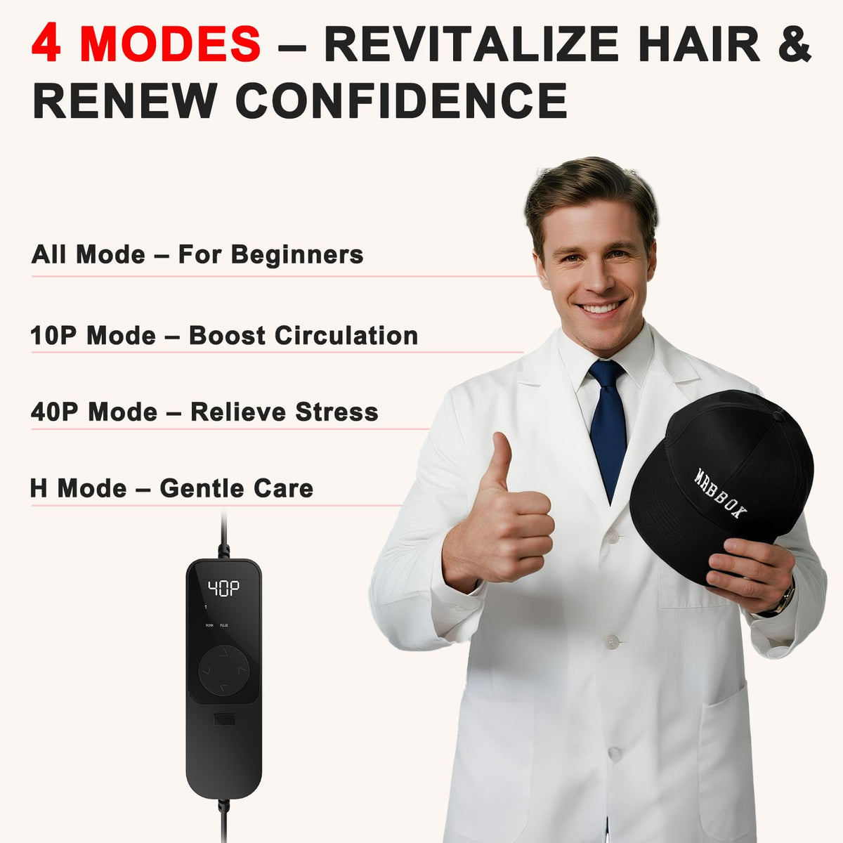 Red Light Hair Growth Cap controller closeup showing simple buttons for easy timing benefit