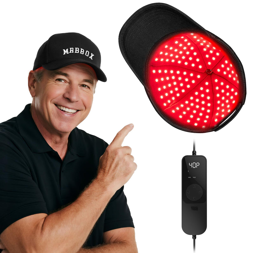 Red Light Hair Growth Cap front view showing sleek black design and fit benefit