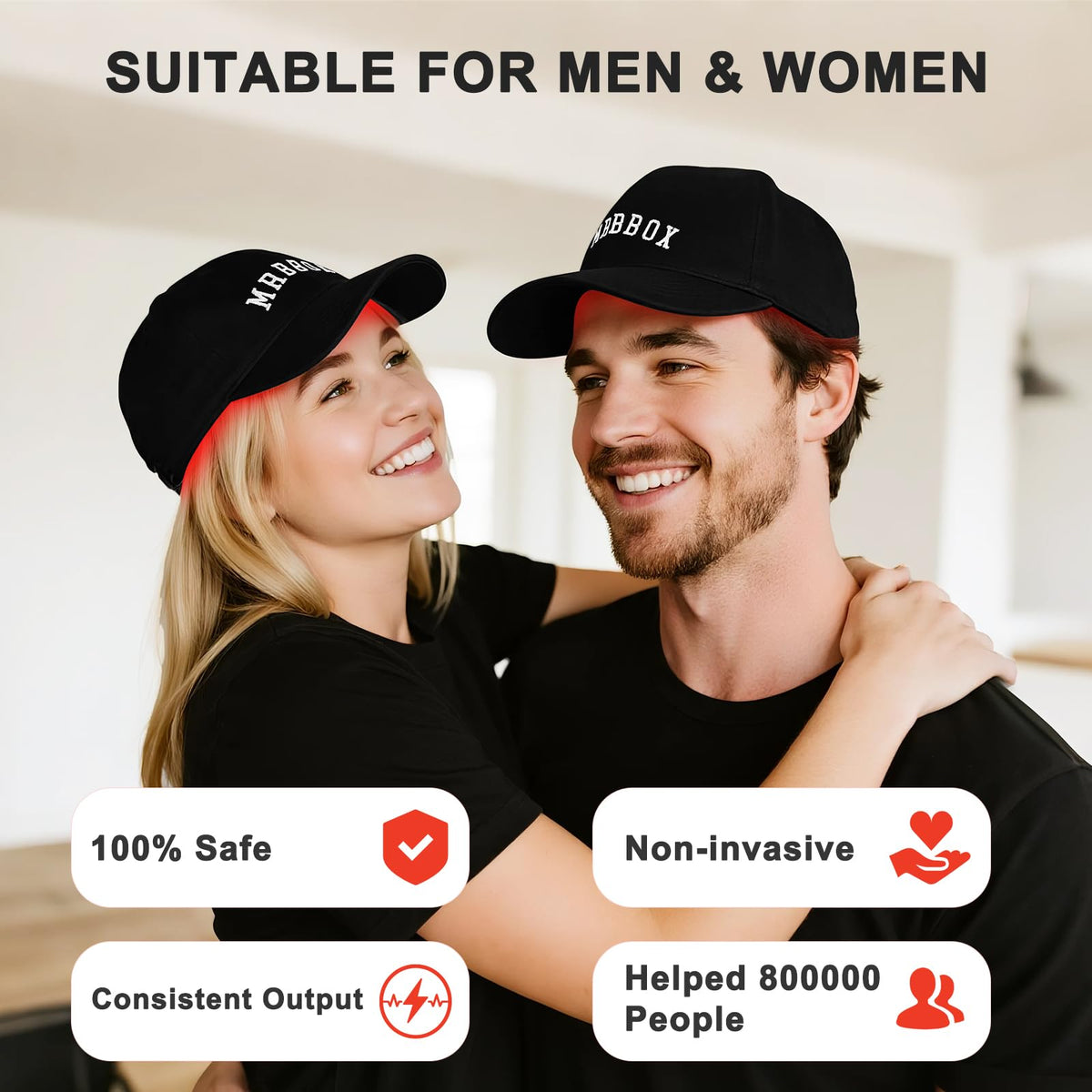 Red Light Hair Growth Cap packaging showing included items and warranty benefit