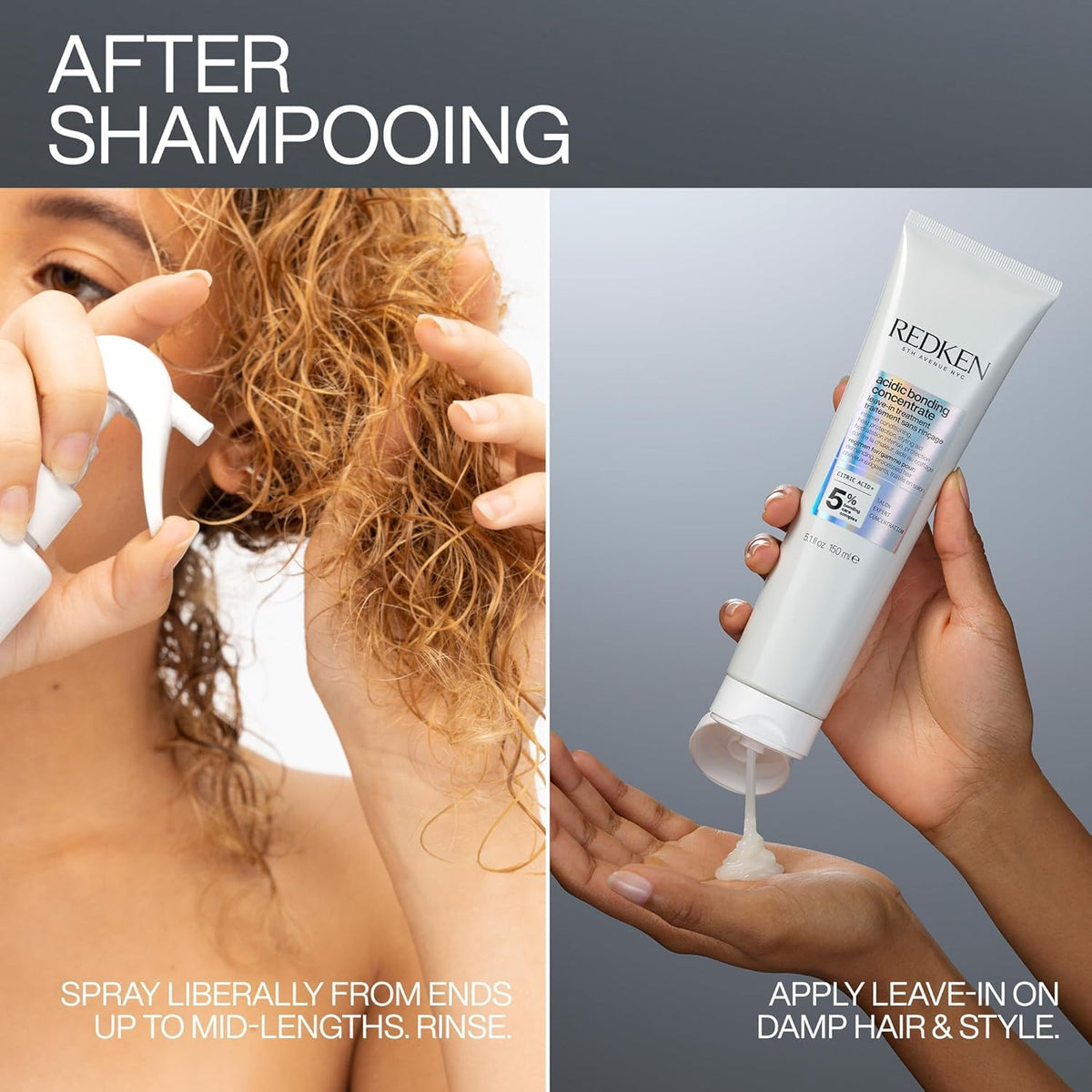 Redken misting in shower showing in-use conditioning and rinse-out benefit
