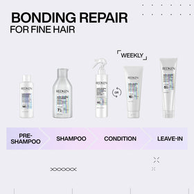 Redken bottle paired with matching shampoo showing system use benefits