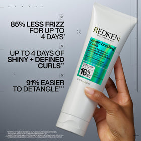 Redken pump nozzle dispensing leave-in to hand demonstrating easy application and control