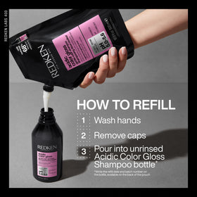 Redken shampoo applied to color-treated hair showing improved shine