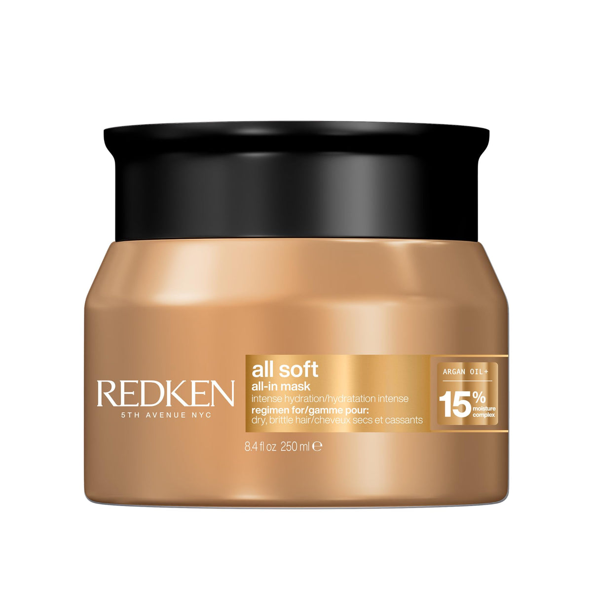 Redken front packaging of All Soft All-In Mask showing product branding and size benefits