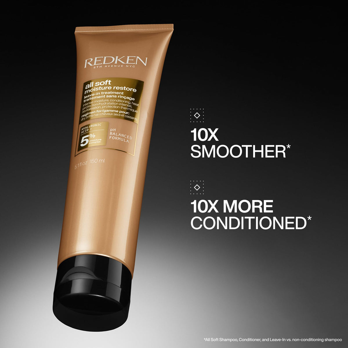 Redken product texture pouring from nozzle, demonstrates lightweight moisturizing consistency