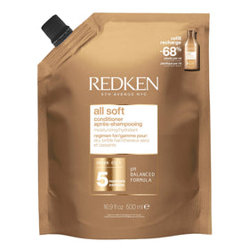 Redken front refill packaging showing product and reduced-plastic benefit