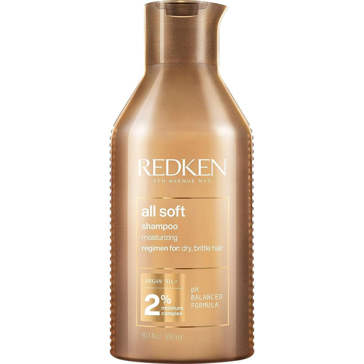 Redken All Soft shampoo front bottle shows hydrating benefits