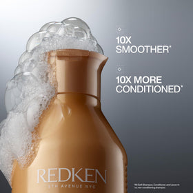 Redken label and pump detail highlighting ingredients and professional quality