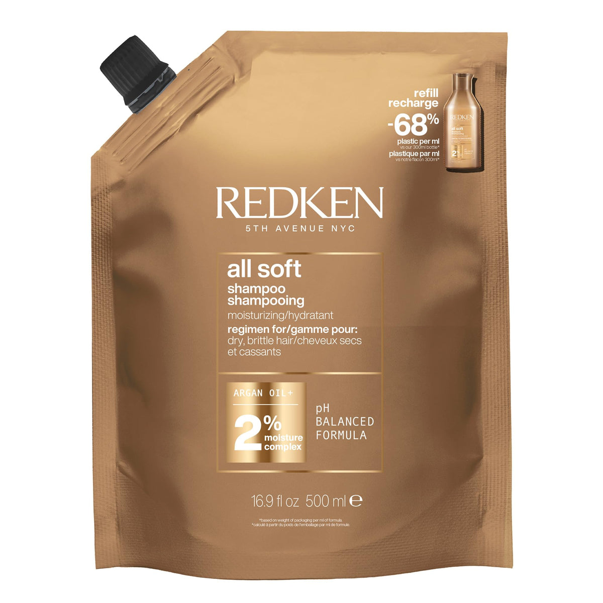 Redken All Soft refill front label showing product identity and benefits