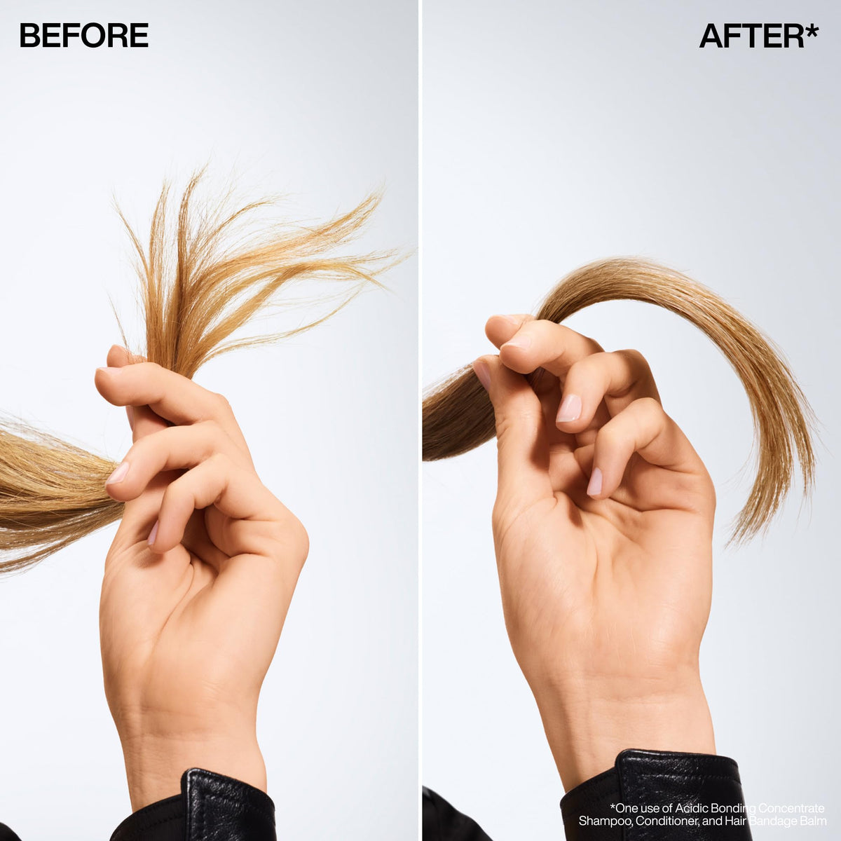 Redken bandage balm being applied to damp hair for smoother ends
