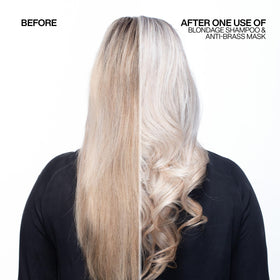 Redken Blondage being applied in shower on blonde hair to demonstrate in-home toning routine