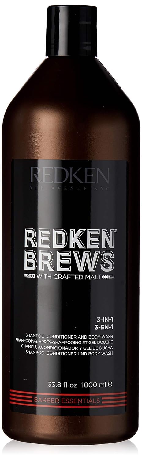 Redken Brews front packaging showing full 33.8 oz bottle and branding benefit