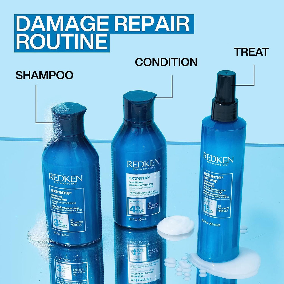 Redken Extreme Anti-Snap being applied to damp hair to smooth cuticle and ease detangling