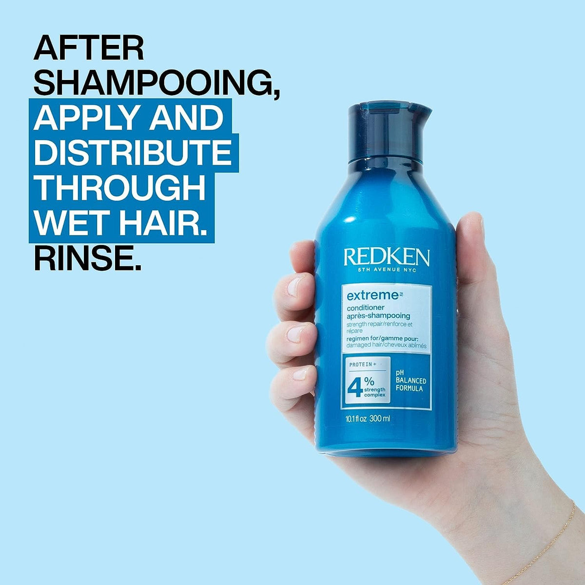 Redken Extreme dried hair result showing smooth shiny hair, improved resilience benefit