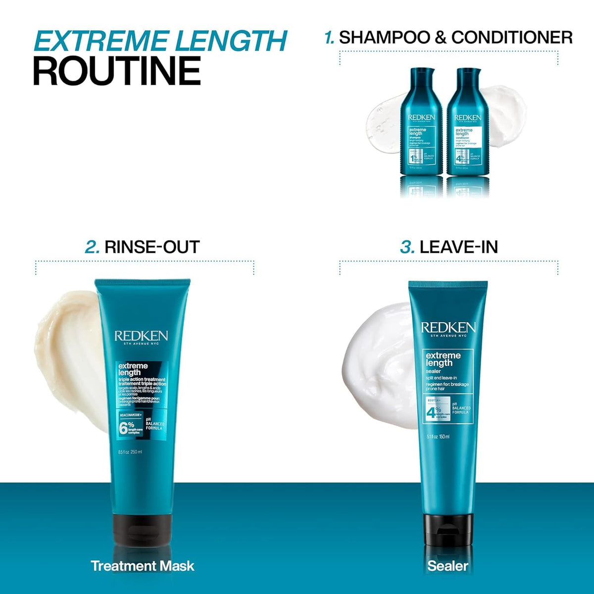 Redken extreme length shampoo in bathroom lifestyle showing professional results