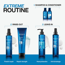 Redken Extreme Shampoo in bathroom routine showing strengthened hair result