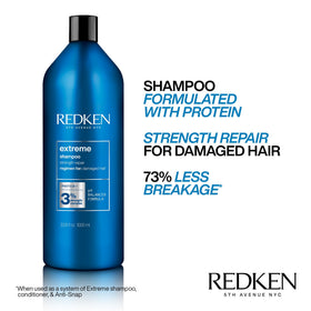 Close-up of Redken Extreme Shampoo pump and label highlighting Strength Complex