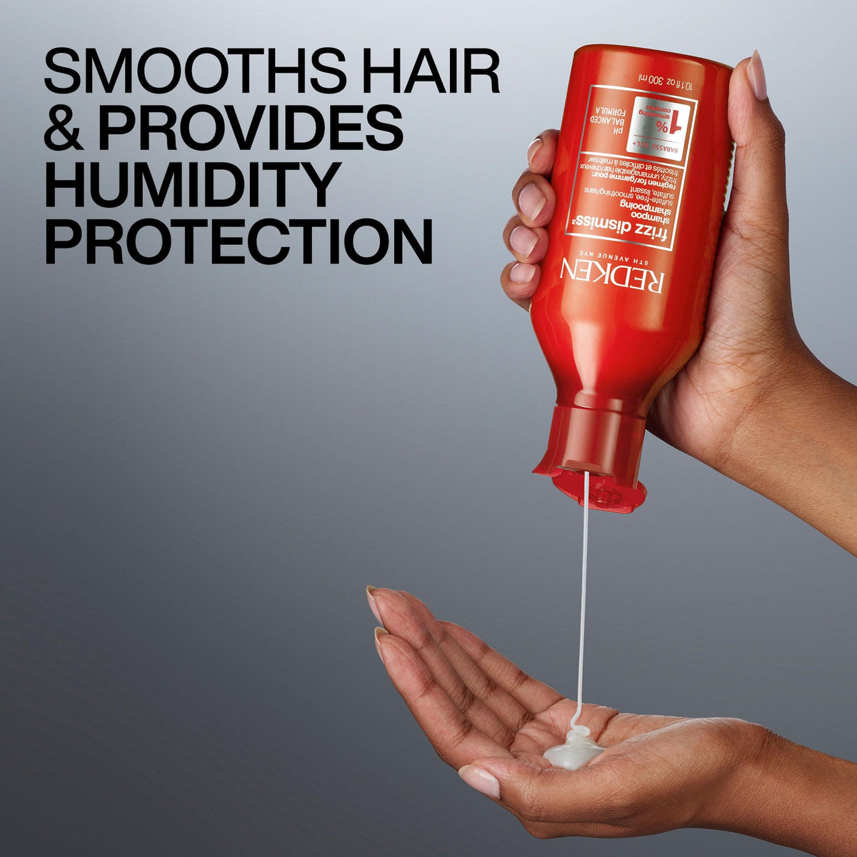 Redken results on shiny, smooth hair showing reduced frizz