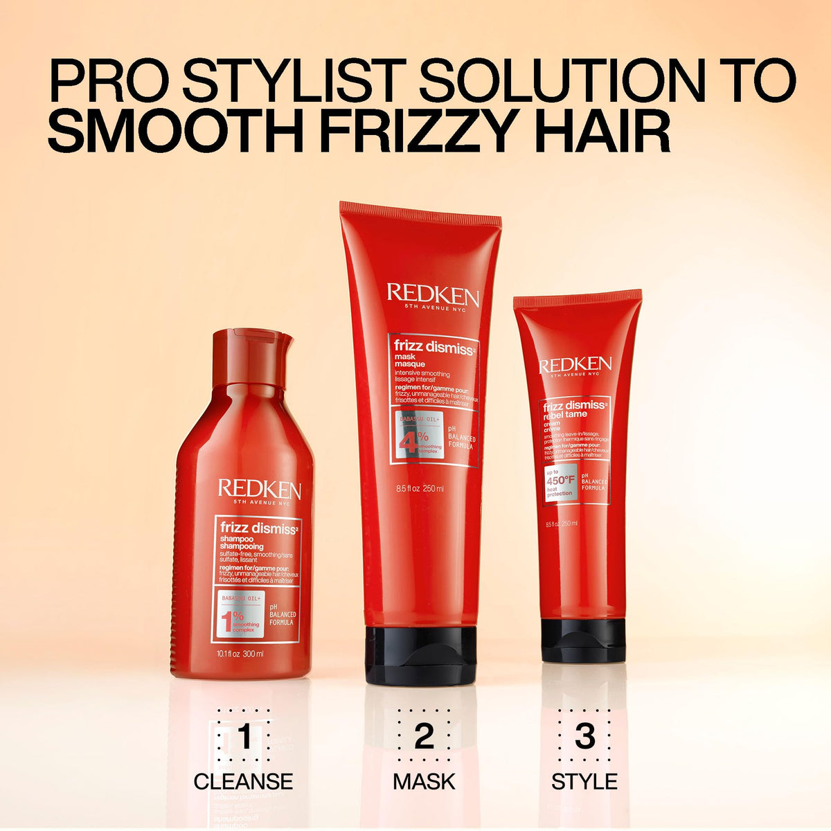 Redken Frizz Dismiss mask next to ruler for size comparison and travel-friendly benefit