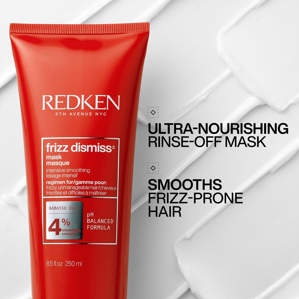 Redken Frizz Dismiss mask cream texture close-up for visible hydration benefit