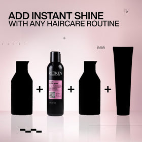 Redken-treated hair showing reflective glass-like shine and smoothness