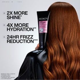 Redken before and after comparison showing increased shine and reduced frizz