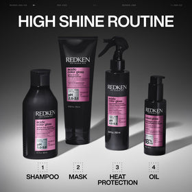 Redken on bathroom shelf styled in a routine setting for at-home salon care
