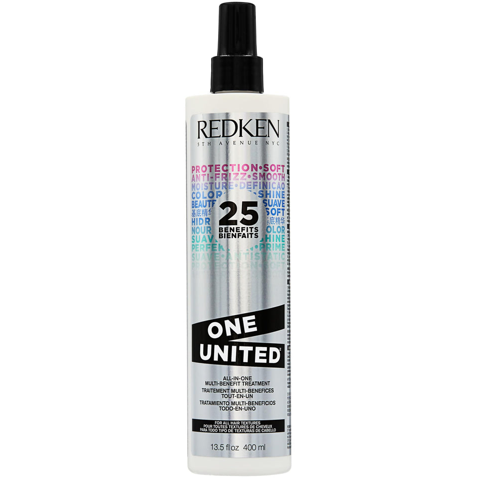 Redken One United front packaging shows bottle and branding, promising versatile benefits