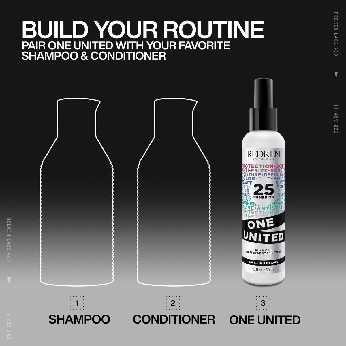 Redken One United bottle label noting 100% recycled plastic packaging and eco-friendly benefit