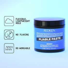 Redken pliable paste being warmed in hands to demonstrate easy application and control