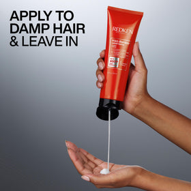 Redken before and after hair comparison showing reduced frizz and shine