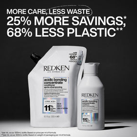 Redken refillable bottle with refill pouch reduces plastic and saves cost