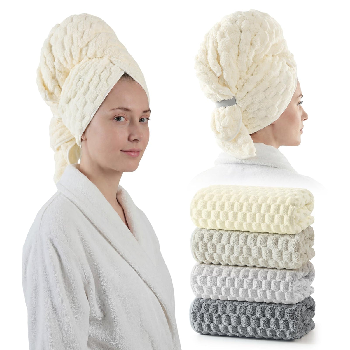 REDKISS front view of four oversized hair towels showing packaging and size benefit