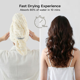 REDKISS model wrapping long curly hair with towel for reduced drying time benefit