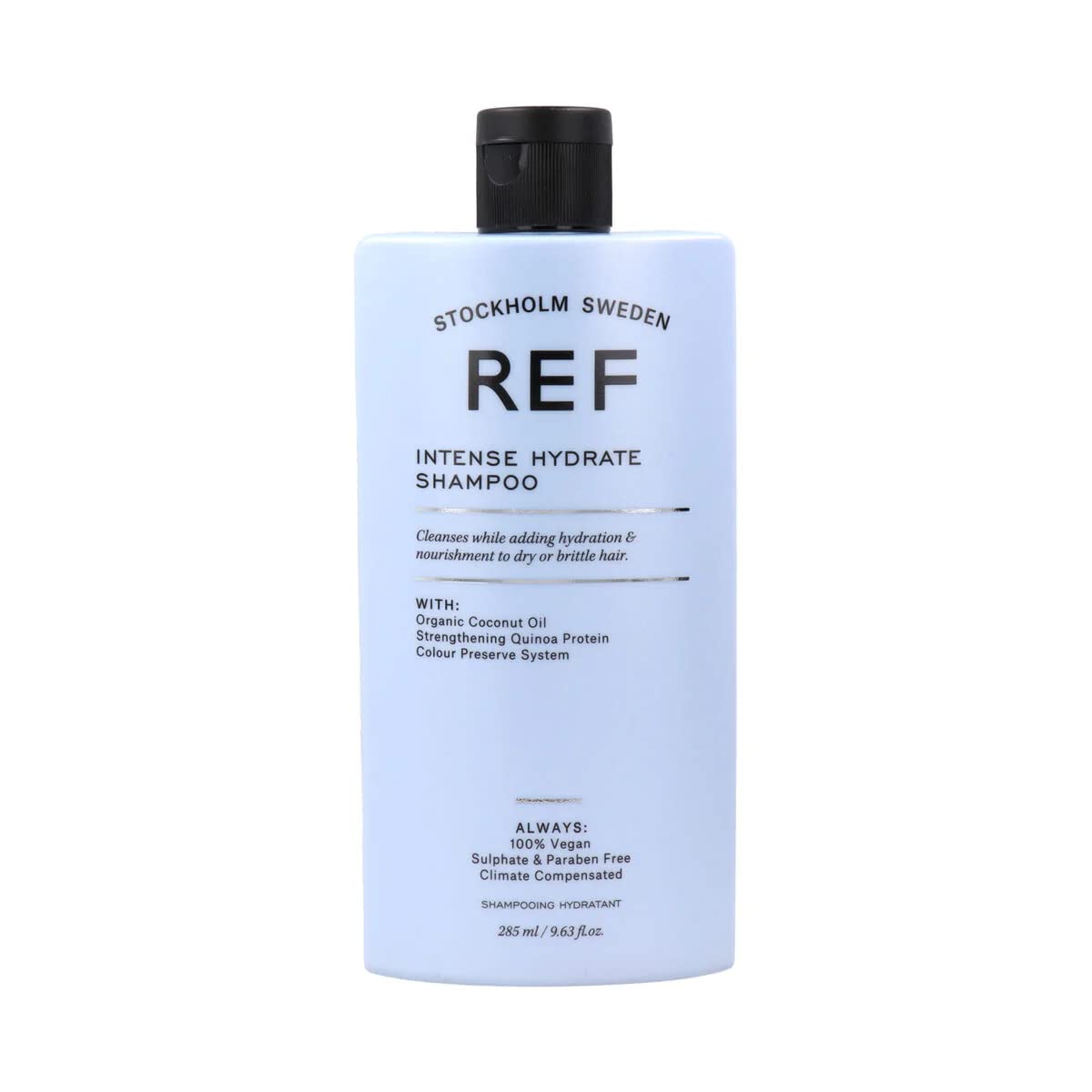 REF bottle front view showing label and hydrating shampoo benefits