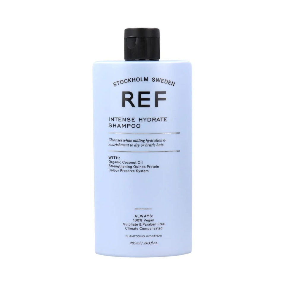 REF bottle front view showing label and hydrating shampoo benefits